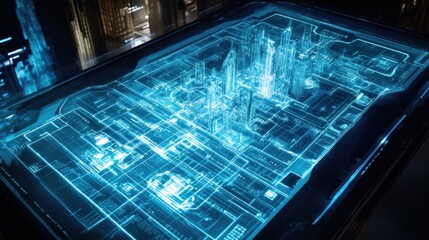 A glowing hologram of a city blueprint, showcasing futuristic urban planning and architectural advancements.