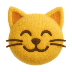 Plush toy emoji styled as a smiling cat face with closed eyes and visible whiskers, crafted from soft yellow fuzzy fabric and isolated transparent background