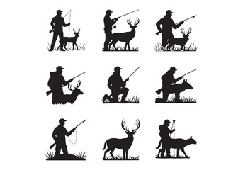 Set of hunting illustrations with hunters, dogs, and deer in various poses