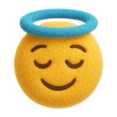 Soft plush toy emoji with a serene smiling face and a blue halo, crafted from fuzzy yellow fabric, isolated with a transparent background for versatile use