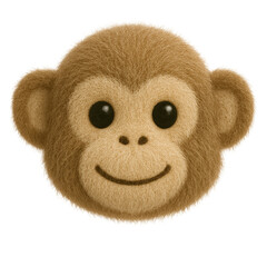 Charming plush toy emoji of a smiling monkey face with big black eyes and a soft brown fuzzy texture, isolated on a transparent background for flexible design use