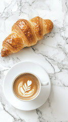 Classic italian breakfast setting with espresso and buttery croissant on marble. concept of morning energy, culinary tradition, cozy start to the day. Vertical