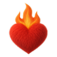 Plush toy emoji of a fiery red heart engulfed in soft, flame-like textures of orange and yellow, combining warmth and passion, isolated on a transparent background