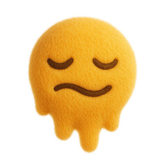 Plush toy emoji of a melting face with closed eyes and a wavy mouth, rendered in soft yellow fuzzy fabric, symbolizing exhaustion or overwhelm, on a transparent background.