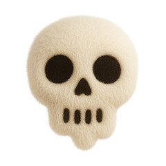 Plush toy emoji of a skull with black eye sockets and a simple bone structure, made from soft off-white fuzzy fabric, isolated on a transparent background for themed use.