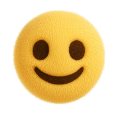 Plush toy emoji of a classic smiling face with round eyes and a simple curved mouth, crafted from fuzzy yellow fabric, isolated on a transparent background for versatile use