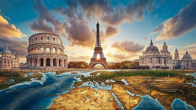 Iconic Landmarks on a World Map at Sunset: A Journey Around the Globe