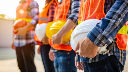 Obraz premium Teamwork of diversity engineer holding helmet standing in row on site work at train garage.