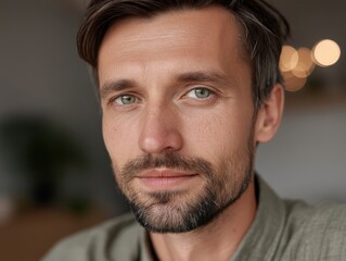 Fototapeta premium Young man with green eyes, short brown hair, and a well-groomed beard gazes confidently. Dressed in a green shirt, the soft-focus lights behind add warmth to the portrait