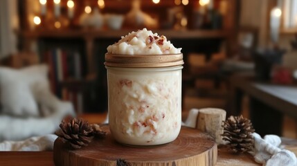 Cozy Homemade Dessert in a Jar with Festive Pine Cones and Warm Background Lighting