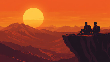 Two silhouetted hikers sitting on a cliff watching the sunset over mountains. concept of adventure, serenity, and nature appreciation in scenic landscapes.