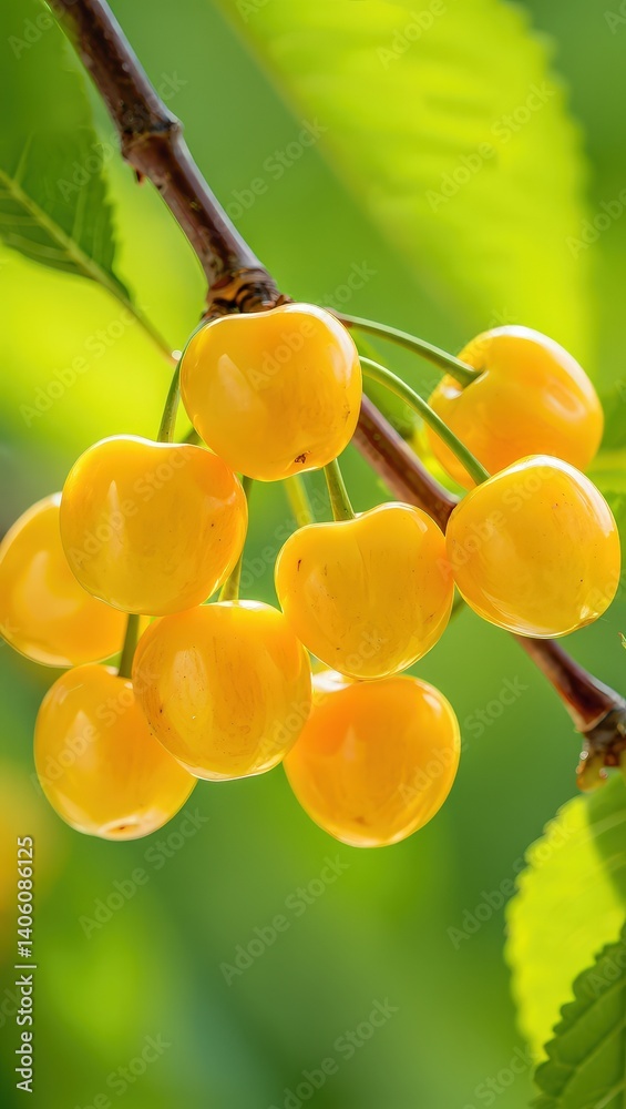 Poster a cluster of yellow berries on a tree branch.
