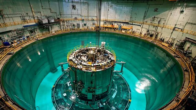 Reactor core submerged, facility pool,  crane overhead, nuclear power plant