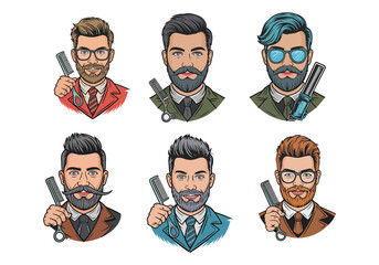 Fototapeta premium Set of stylish barber illustrations with different hairstyles and outfits
