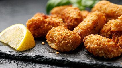Crispy breaded scampi nuggets with sauce on stone board