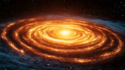 A distant galaxy with orange and blue hues swirling in the vast expanse of the night sky filled with stars