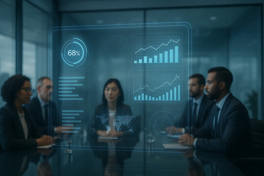 Corporate Team in Modern Office Meeting with Holographic Data Analytics Charts and Global Map for Business Strategy and Performance Review - Powered by Adobe