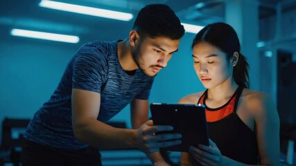 A fit man and woman analyze workout performance on a tablet inside a modern gym. Concept of digital fitness tracking, sport technology, and active lifestyle. - Powered by Adobe
