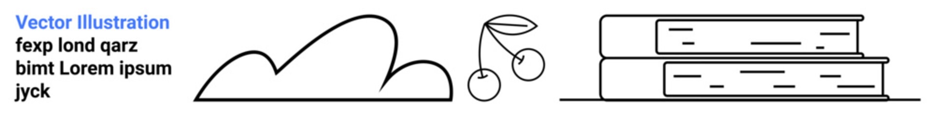 Cloud, cherries with leaves, and stacked books drawn in minimal line art style. Ideal for education, nature, simplicity, minimalism, publishing, healthy living simple landing page