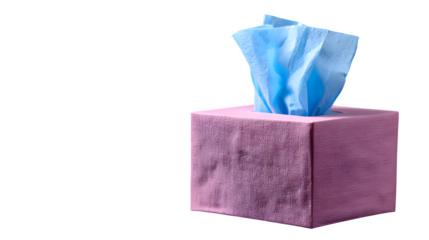 Light pink square tissue box with blue tissues sticking out, isolated on a black background --ar 16:9 --v 7.0