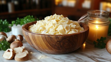 Delicious Homemade Pasta in a Wooden Bowl with Fresh Ingredients and Warm Candlelight