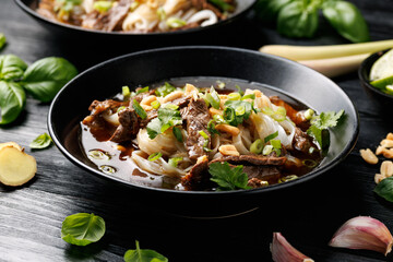 Thai Boat Noodle Soup with beef and vegetables. Kuai Tiao Ruea