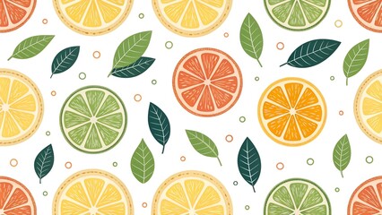 "Seamless pattern with citrus slices &ndash; lemon, orange, lime &ndash; flat vector style on white background"
