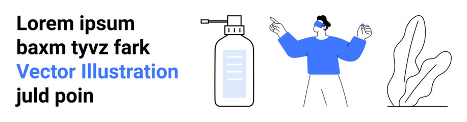 Hand sanitizer bottle, person with VR headset gesturing, and abstract plant. Ideal for technology, gaming, health, hygiene, innovation, sustainability simple landing page