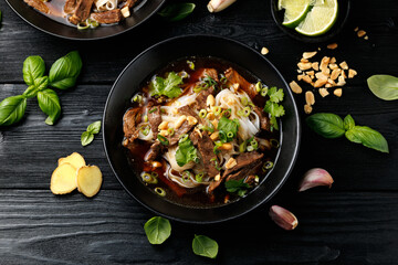 Thai Boat Noodle Soup with beef and vegetables. Kuai Tiao Ruea