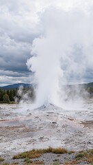 Fototapeta premium Vibrant geyser eruption in volcanic terrain with colorful mineral deposits and billowing steam clouds