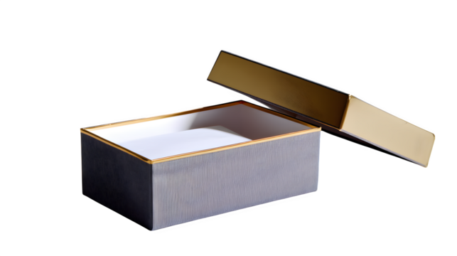 Rectangular gray box with gold trim and white paper inside, partially open lid --ar 16:9 --v 7.0
