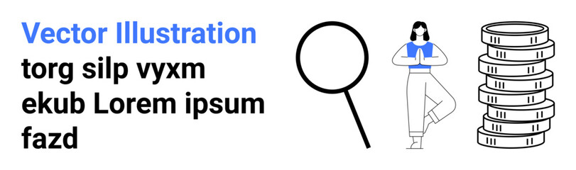 Stack of coins for finance, magnifying glass for search, person in yoga pose for balance and wellness. Ideal for finance, mindfulness, research, savings, focus, growth simple landing page