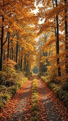 Fototapeta premium Tranquil autumn forest trail with colorful leaves and sunlight streaming through tall trees