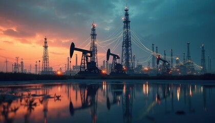 Obraz premium Silhouettes of oil, gas fields, fossil fuel stations at sunset. Crude oil extraction industry infrastructure, power engineering equipment with pumps. Drilling, refinery plants. Environmental tech.