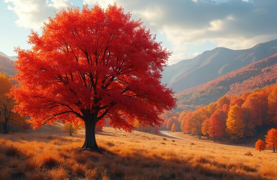 Majestic red tree in autumn season landscape. Colorful foliage with yellow and orange hues. Fall scenery with road, mountains, blue sky and clouds. Nature park with colorful leaves.