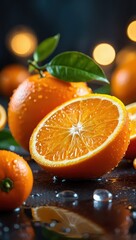 A close-up of fresh oranges with leaves still attached, on a reflective surface that creates droplets around them.
