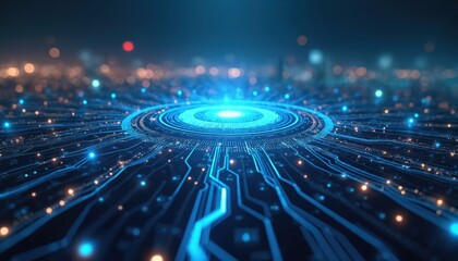 Abstract background of future technology concept. Digital business solutions, web interface with glowing circle. Innovative tech design circuit board lines with data flow, digital transformation