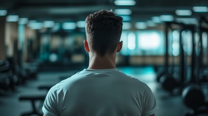 Facing forward, a committed man stands in a gym packed with fitness tools, with his back to the camera. He envisions a vibrant future and is ready to pursue his fitness goals and boost his health