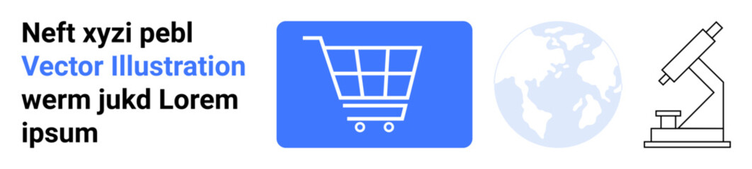 Shopping cart icon in blue, globe outline symbolizing global connections, and microscope emphasizing science and research. Ideal for e-commerce, education, technology, research, global trade, online