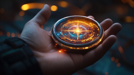 A hand holding a modern compass with glowing, interactive data holograms rotating around it