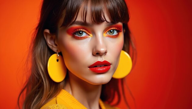 Vibrant beauty portrait. Woman with bold colorful makeup and fashionable accessories. Red lips, yellow earrings, orange background. Glamour style. Chic, trendy image for beauty, fashion advertising.