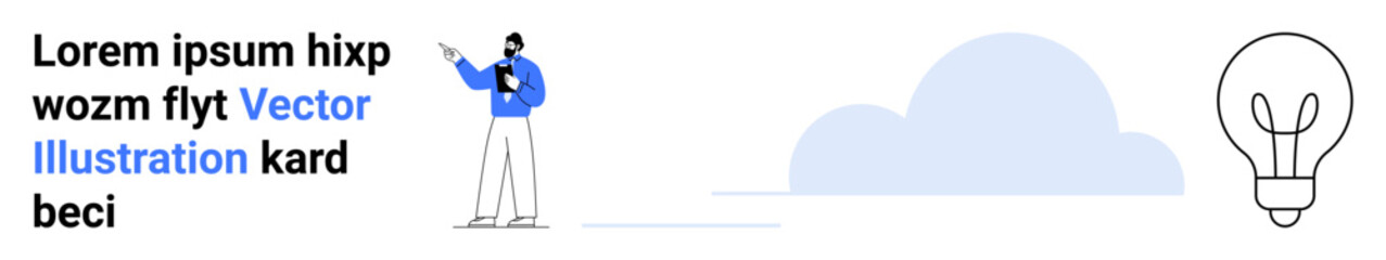 Person pointing at text with cloud and light bulb visuals in the background, denoting creativity and innovation. Ideal for content creation, business strategy, idea generation, marketing, education