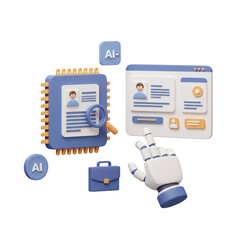 3D Illustration AI Job Search Human Resources with Robot Hand Examining Profiles Online