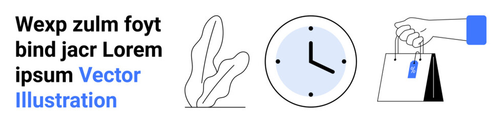 Hand holding shopping bag, decorative plant, minimalist clock highlight themes of time, shopping, design, and productivity. Ideal for retail, e-commerce, timing lifestyle modern aesthetics simple