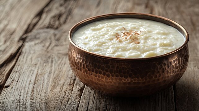Traditional Indian Basundi in Copper Bowl on Wooden Table