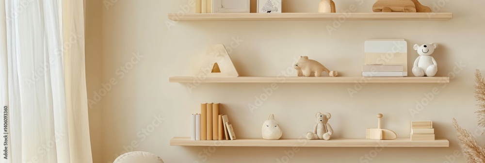 Aufkleber wooden shelves display childrens toys and books in a minimal pastel beige interior, creating a calm 