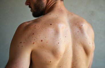 Close-up detail of man back skin with scattered moles and freckles. Medical checkup for dermatology. Skin condition, pigmentation concern. Healthcare, medical exam. Melanoma cancer prevention.