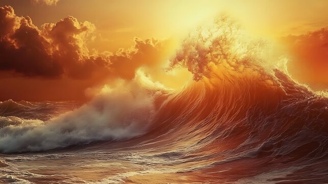 Powerful sea water ocean wave crashing against the rocky shore under a golden sunset