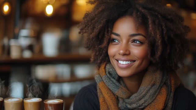 Warm Smile and Cozy Coffee Atmosphere A Woman with Curly Hair Enjoying a Relaxing Moment in a