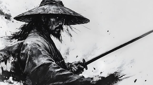 Black And White Photo Of Samurai Warrior With Katana And Straw Hat Artwork